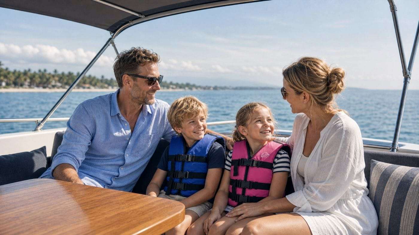 Family seating area on the aft deck of a yacht in Bali