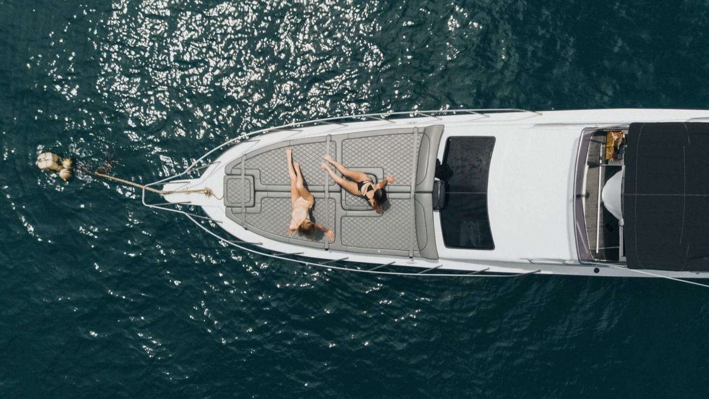 Aerial view of a yacht anchored off the coast of Bali